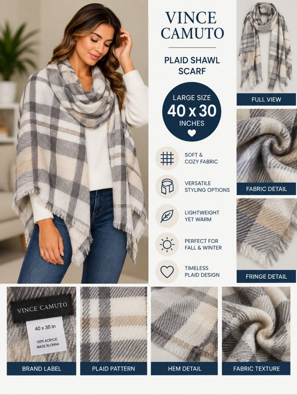 New Vince camuto grey plaid 40x30 inch shaw scarf #31